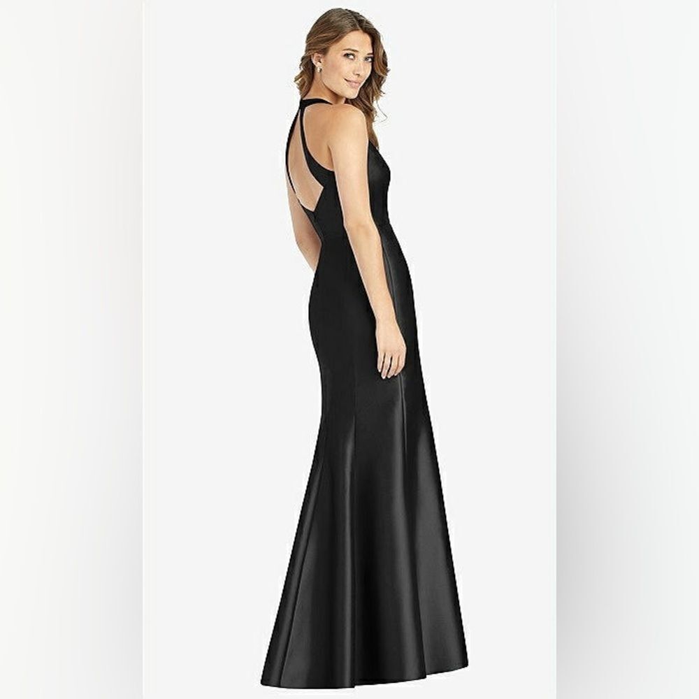 Alfred Sung V-neck Halter Satin Trumpet Gown D761 | Size 2 | Black - Picture 2 of 8